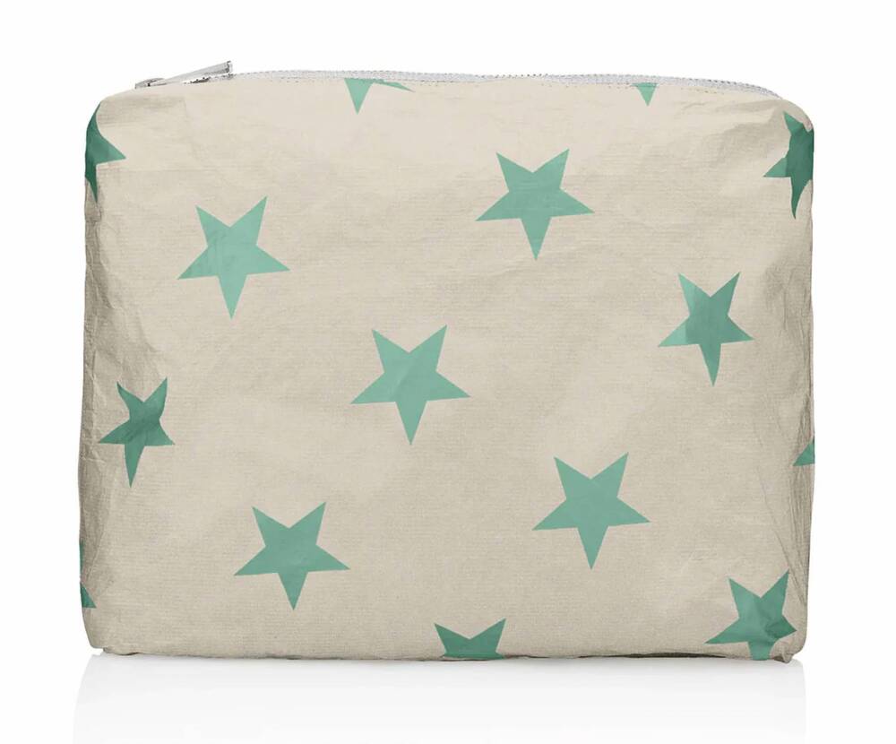 NEW HI LOVE TRAVEL women's zipper pouch in golden shimmer sea green stars